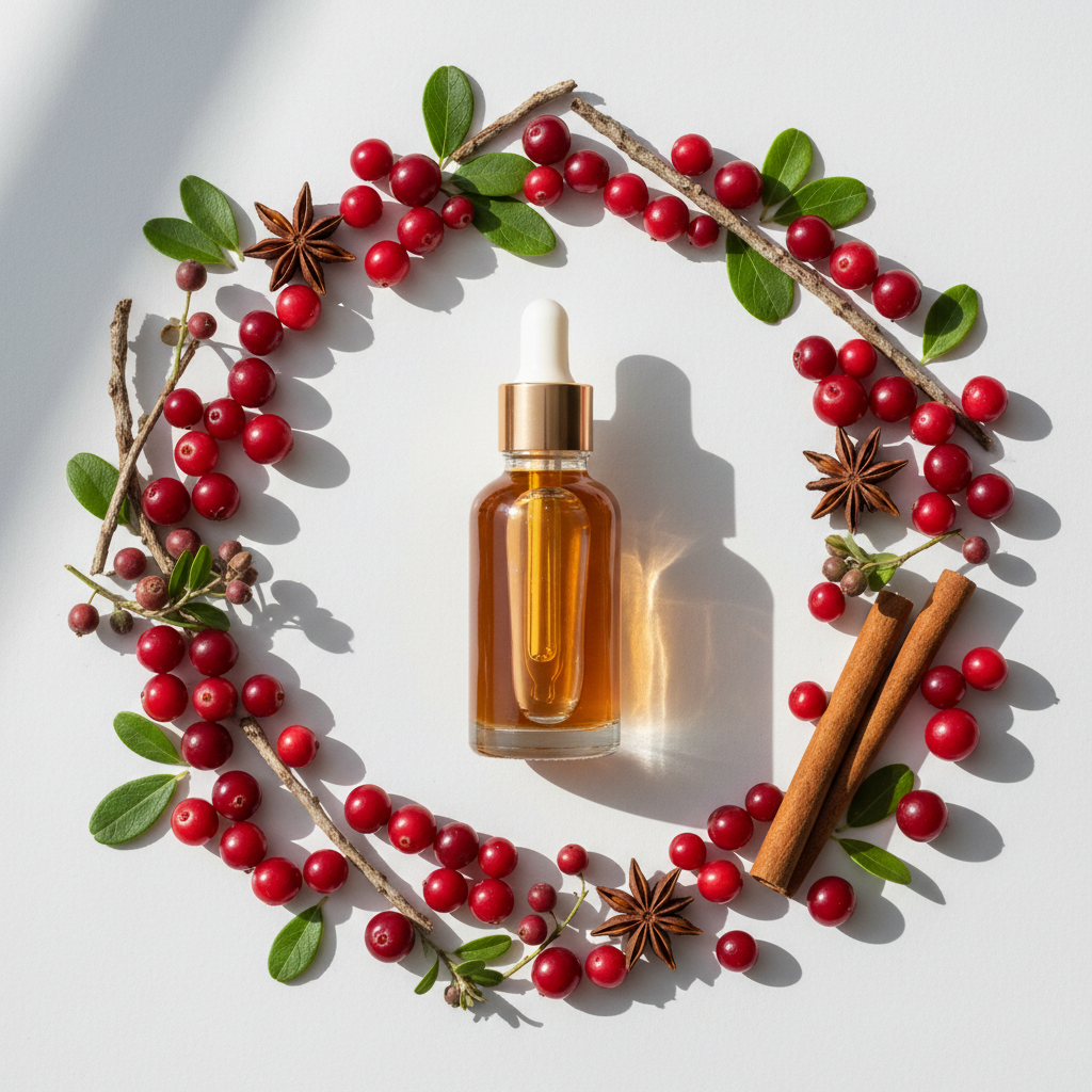 Flat lay de la fragancia cranberry ámbar