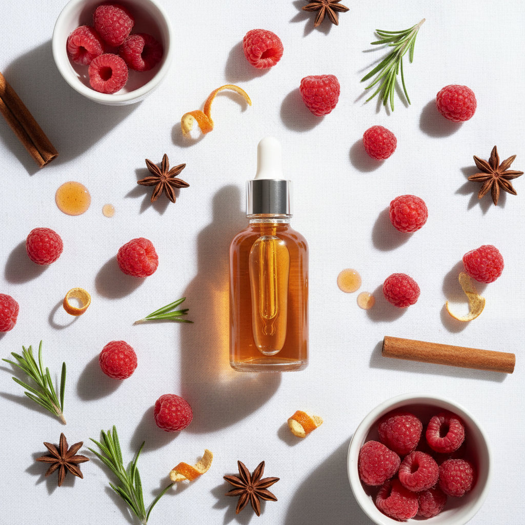 Flat lay de la fragancia frambuesa ámbar claro