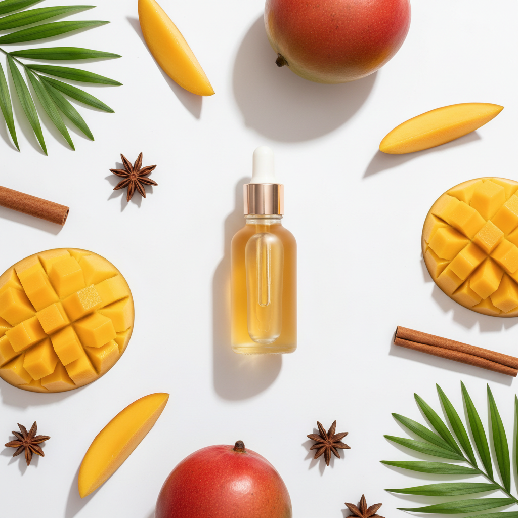 Flat lay de la fragancia mango
