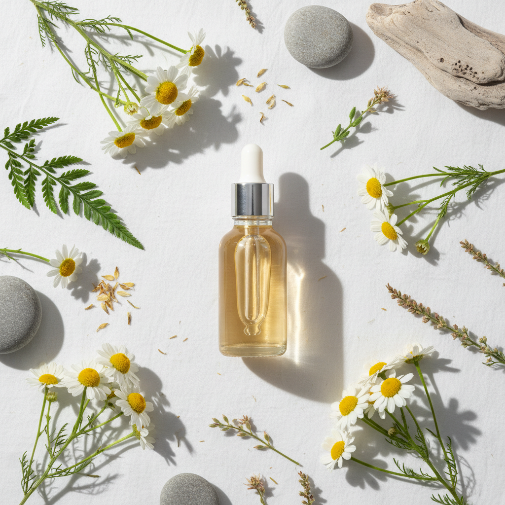 Flat lay de la fragancia manzanilla romana