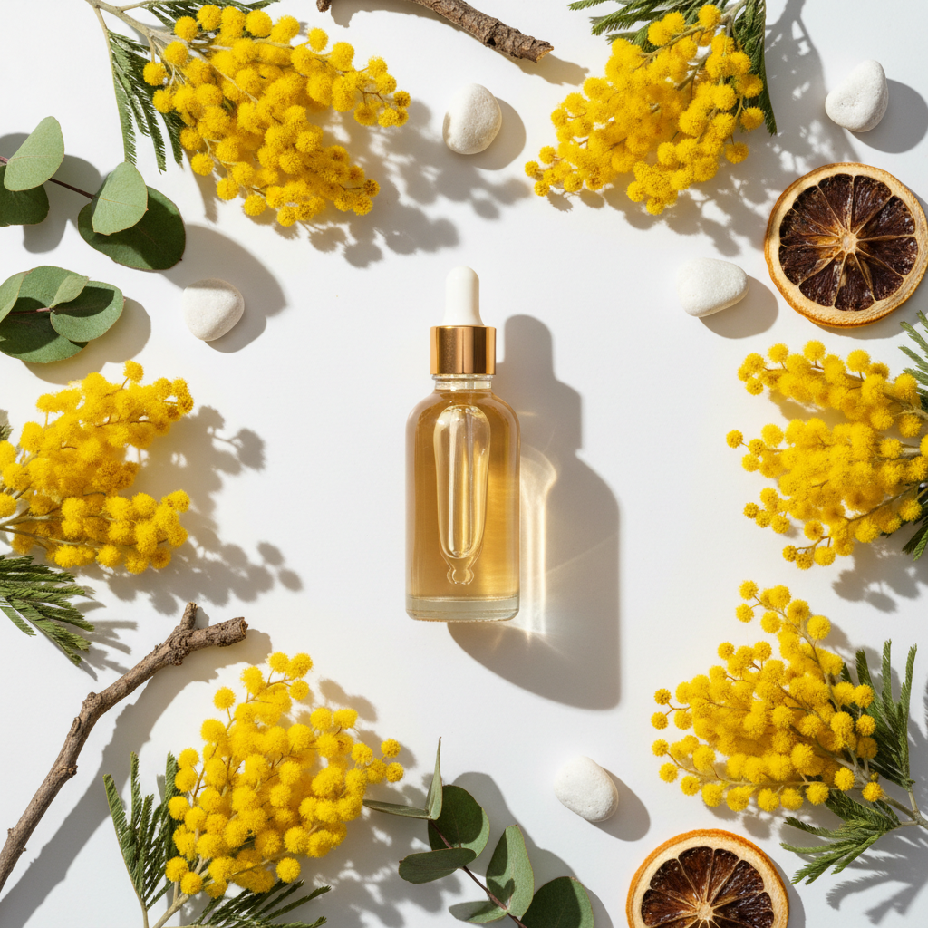 Flat lay de la fragancia mimosa