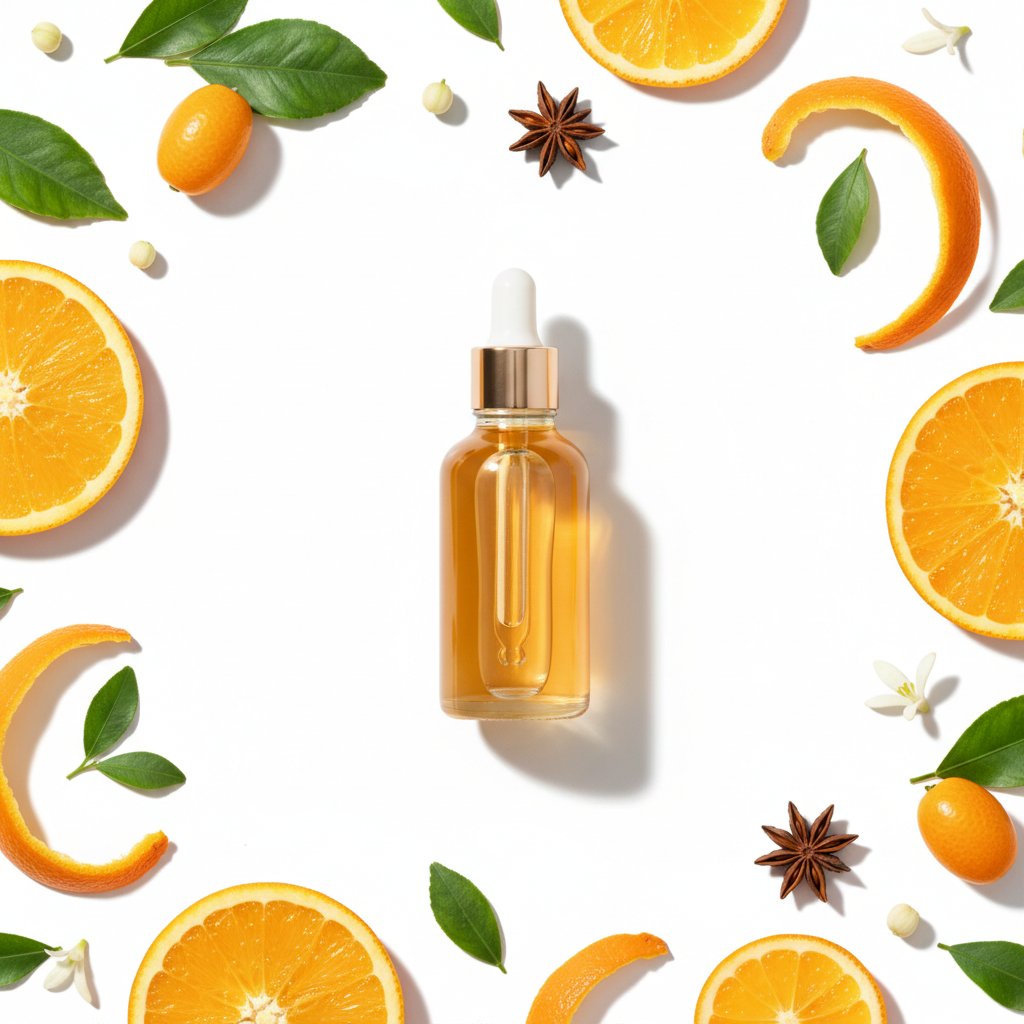 Flat lay de la fragancia naranja cáscara