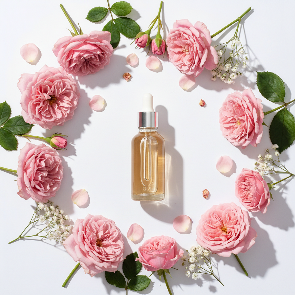 Flat lay de la fragancia rosa damascena