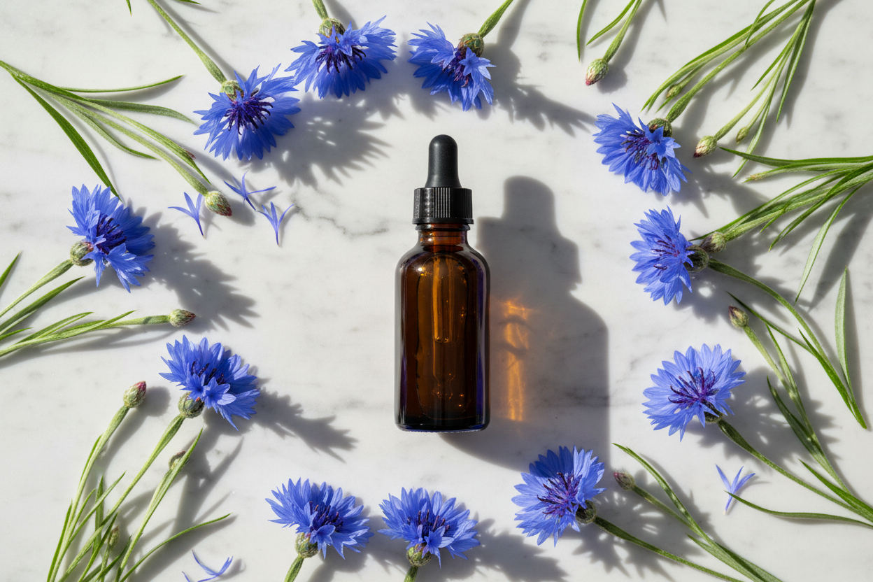 Flat lay del extracto de aciano con flores azules vibrantes