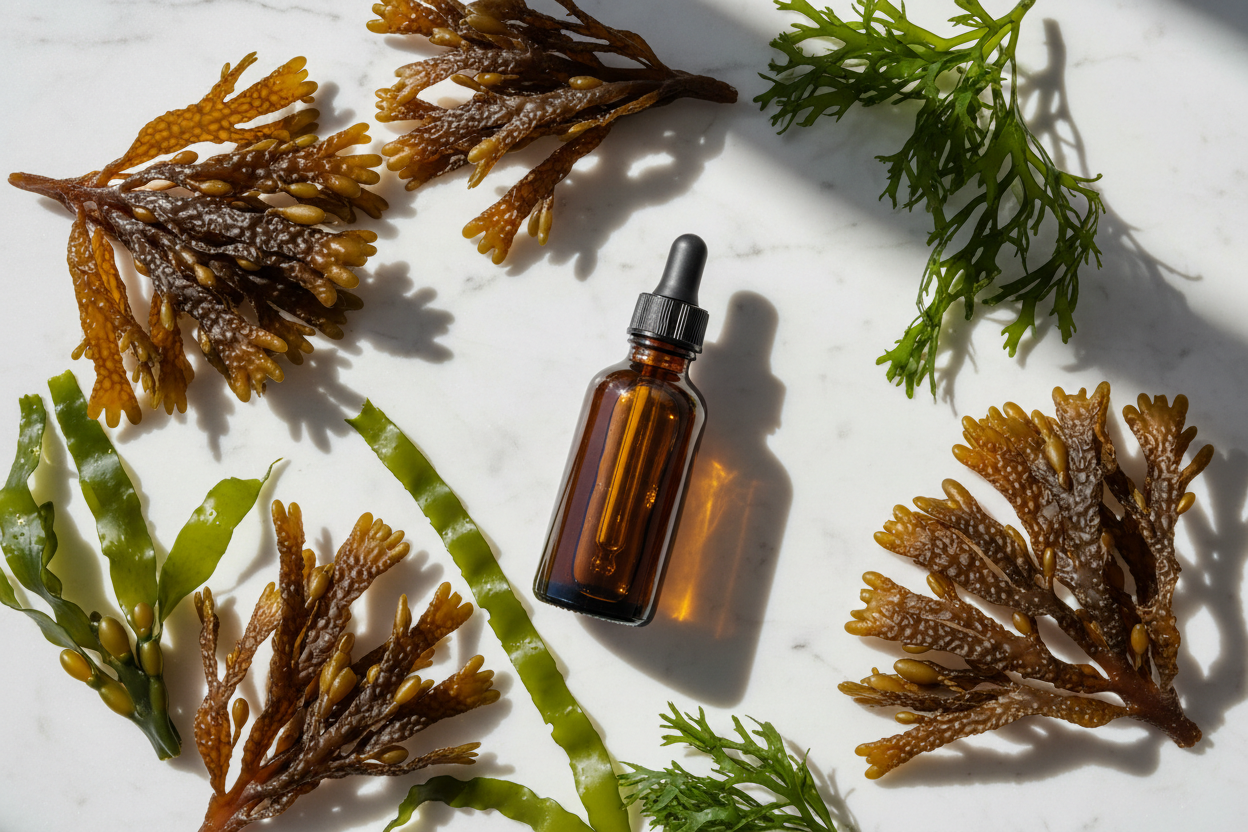 Flat lay del extracto de algas con fucus y kelp patagónico