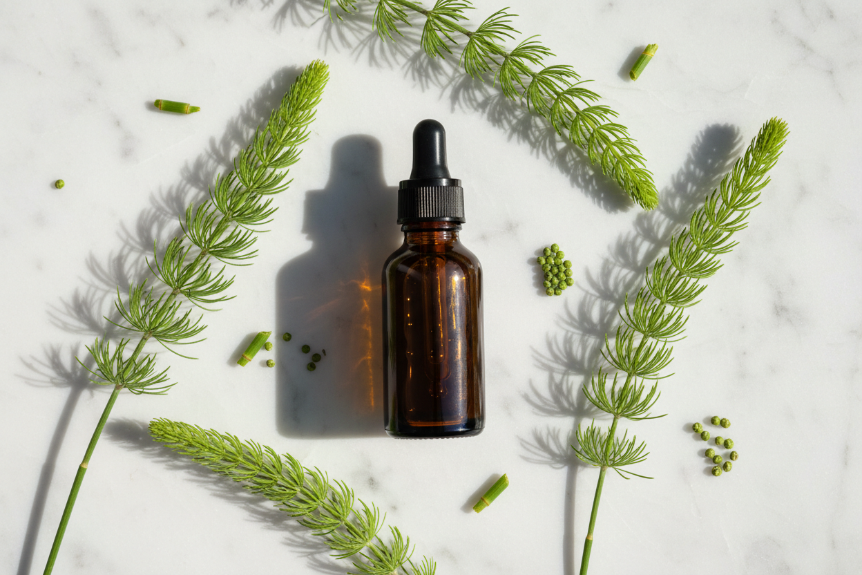 Flat lay del extracto de cola de caballo con tallos segmentados