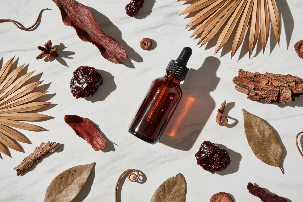 Flat lay del extracto de Dragon's Blood con resina y elementos amazónicos