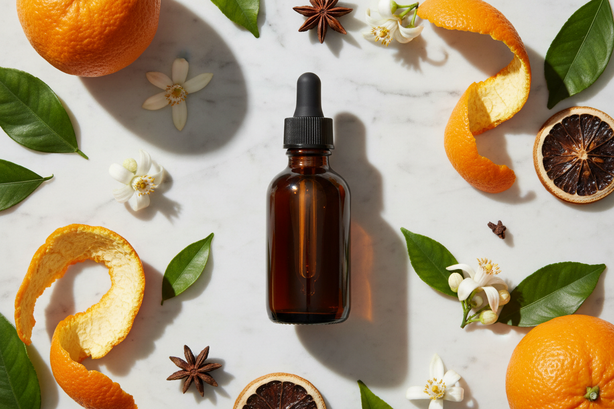 Flat lay del extracto de naranja amarga con cítricos y flores