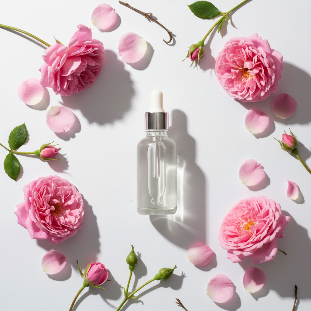 Flat lay del extracto de rosa damascena transparente