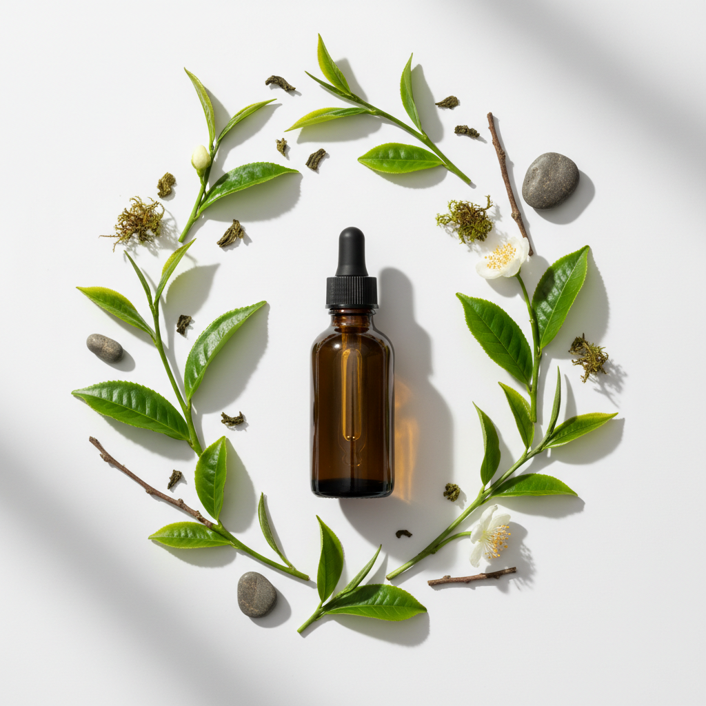 Flat lay del extracto de té verde