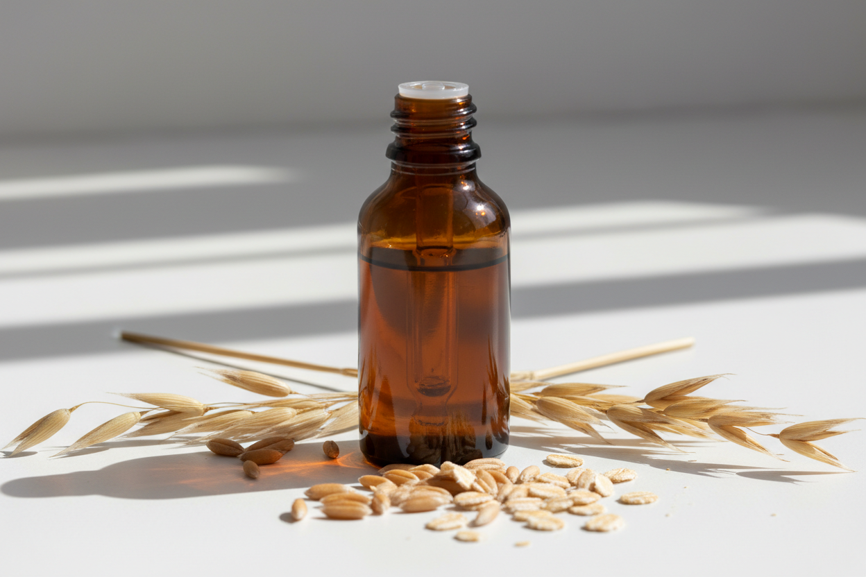Frasco con extracto de avena ámbar oscuro y granos