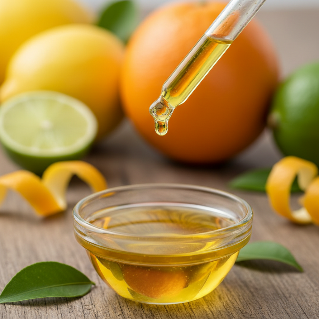 Detalle del aceite concentrado de cítricos cayendo