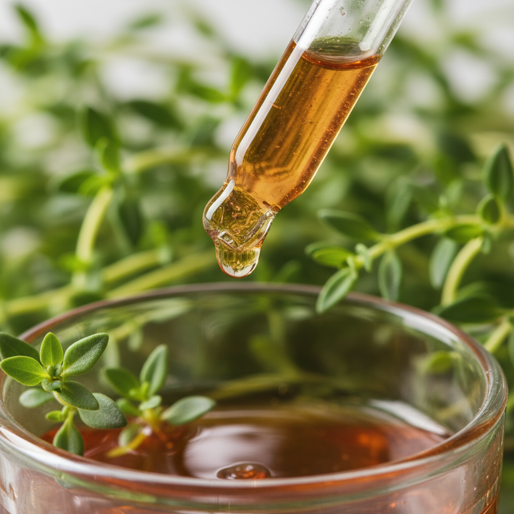 Detalle del líquido café de tomillo cayendo