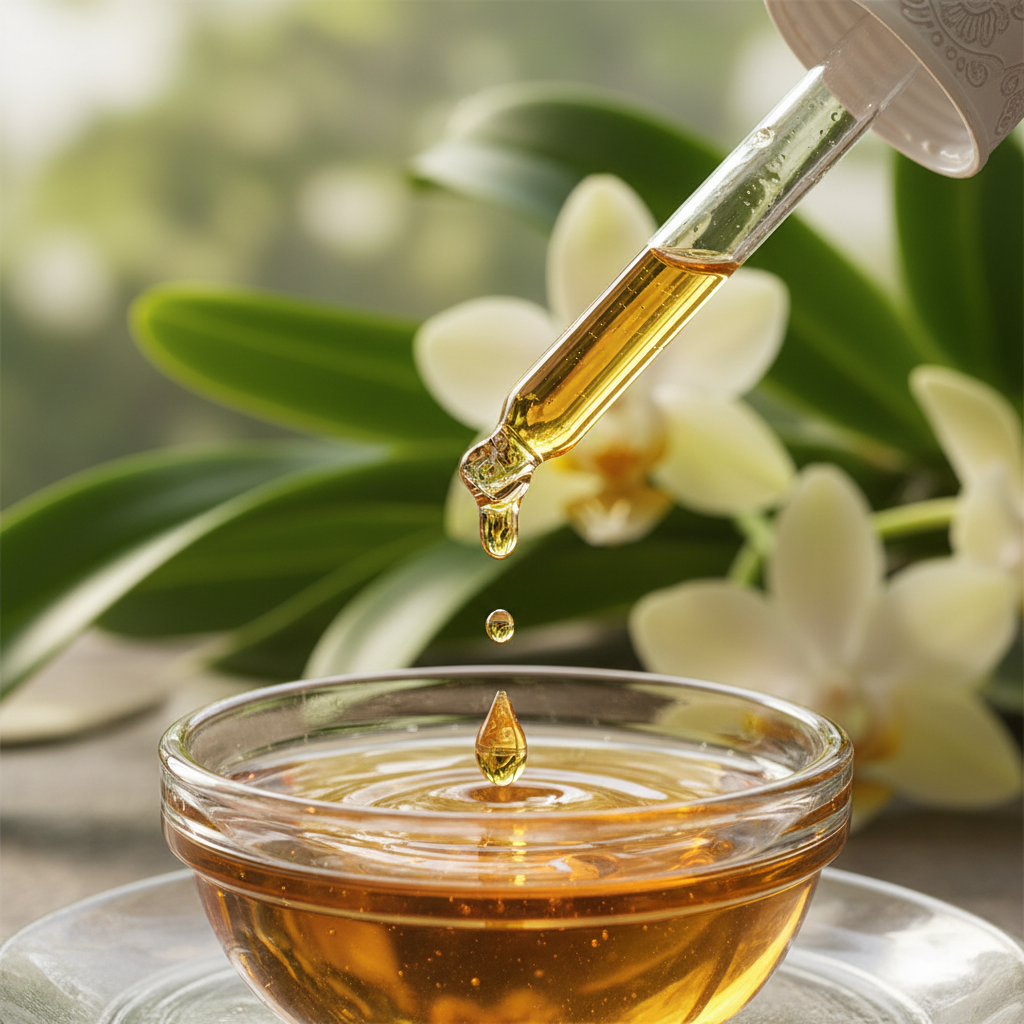 Detalle del líquido de orquídea cayendo del gotero