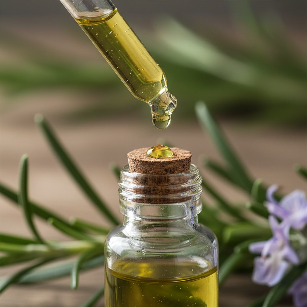 Detalle del líquido de romero cayendo