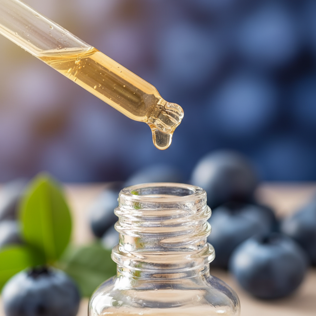 Detalle del líquido ámbar claro de blueberry cayendo