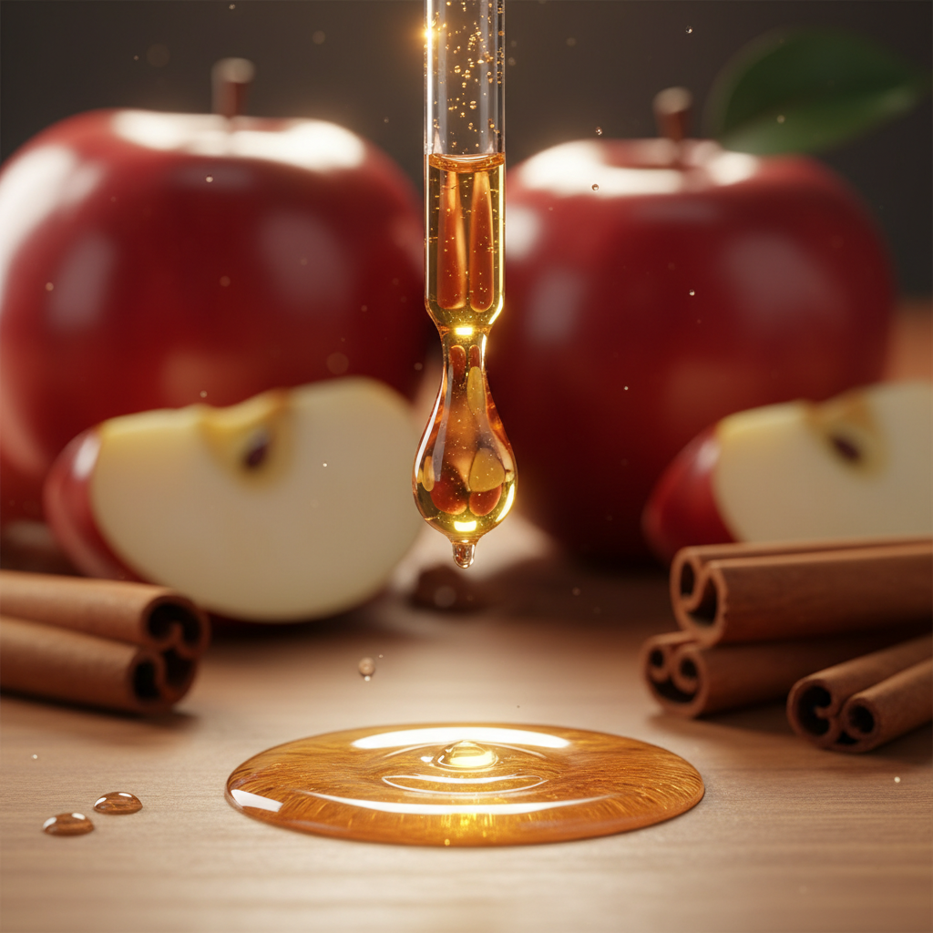 Detalle del líquido ámbar claro de canela & manzana cayendo