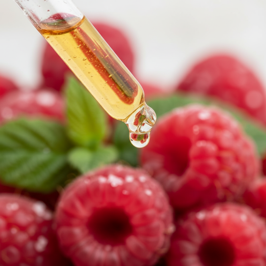 Detalle del líquido ámbar claro de frambuesa cayendo