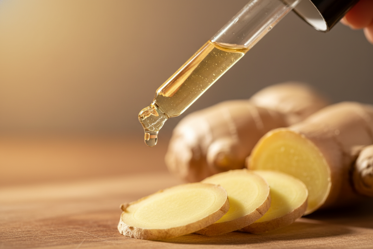 Detalle del líquido ámbar claro de jengibre cayendo del gotero