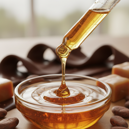 Detalle del líquido ámbar de candy & cocoa cayendo