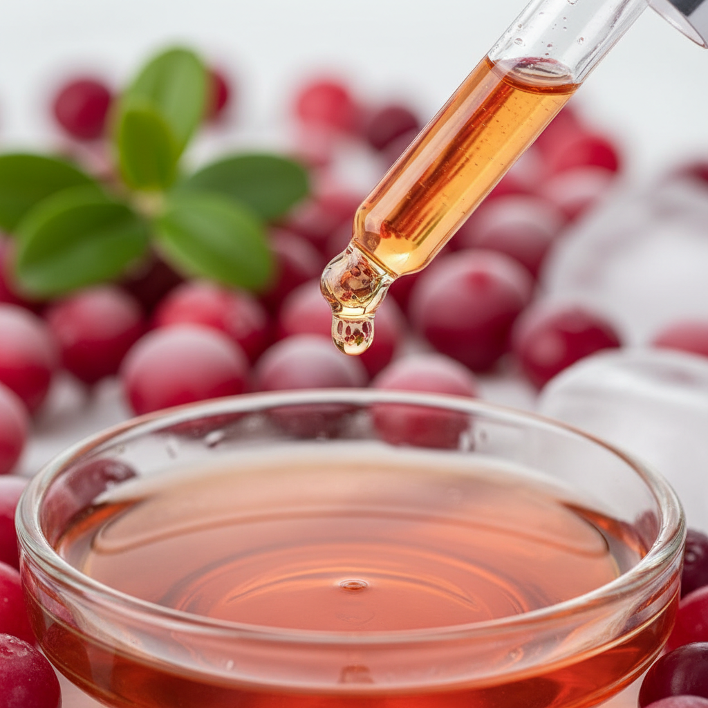 Detalle del líquido ámbar de cranberry cayendo