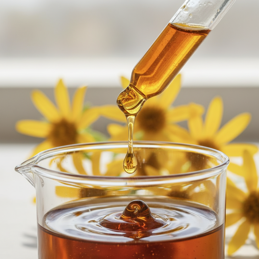 Detalle del líquido ámbar oscuro cayendo