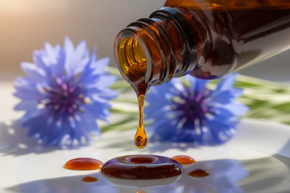 Detalle del líquido ámbar oscuro de aciano cayendo del gotero