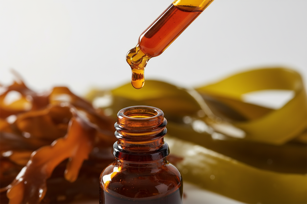 Detalle del líquido ámbar oscuro de algas cayendo del gotero