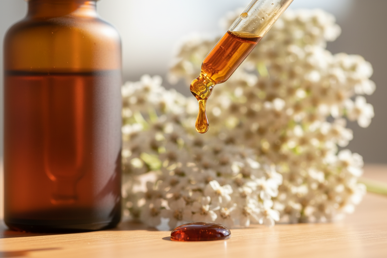 Detalle del líquido ámbar oscuro de aquilea cayendo del gotero