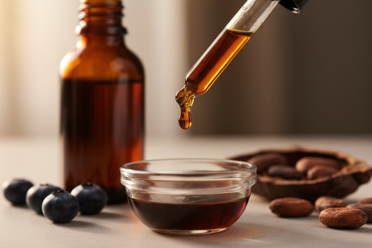 Detalle del líquido ámbar oscuro de arándanos & cacao cayendo del gotero
