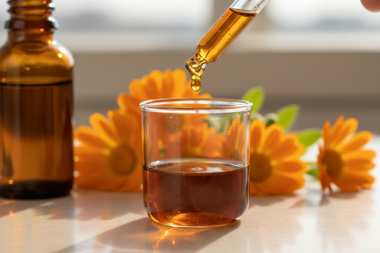 Detalle del líquido ámbar oscuro de caléndula cayendo del gotero