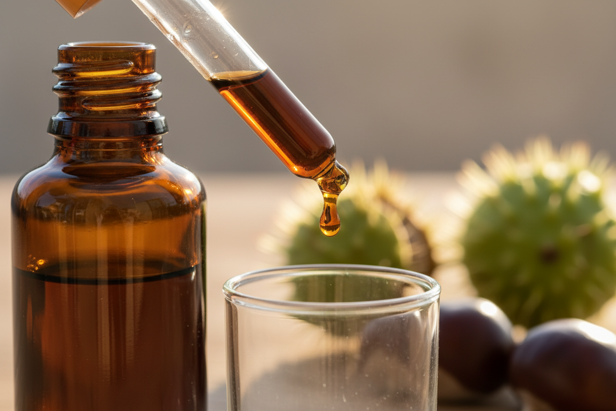 Detalle del líquido ámbar oscuro de castaño cayendo del gotero