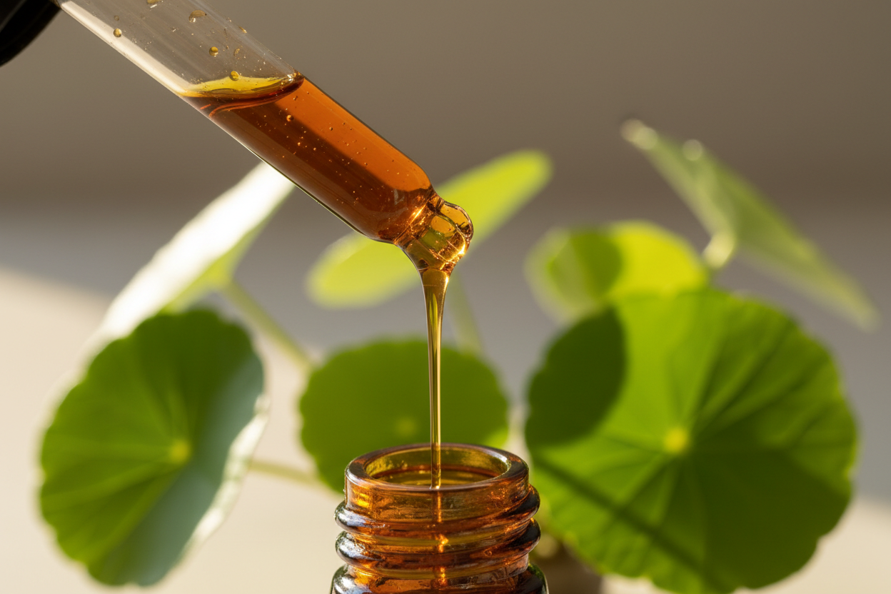 Detalle del líquido ámbar oscuro de centella cayendo del gotero