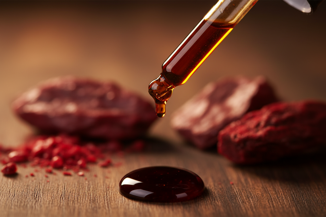 Detalle del líquido ámbar oscuro de Dragon's Blood cayendo del gotero