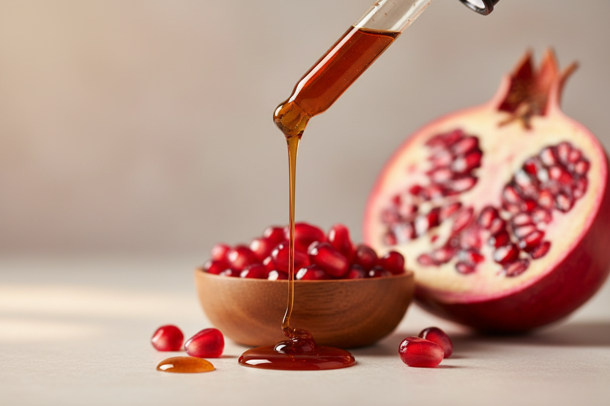 Detalle del líquido ámbar oscuro de granada cayendo del gotero