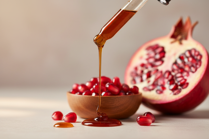 Detalle del líquido ámbar oscuro de granada cayendo del gotero