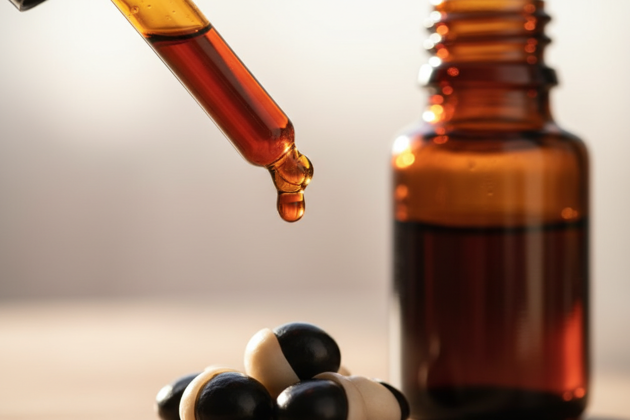 Detalle del líquido ámbar oscuro de guaraná cayendo del gotero