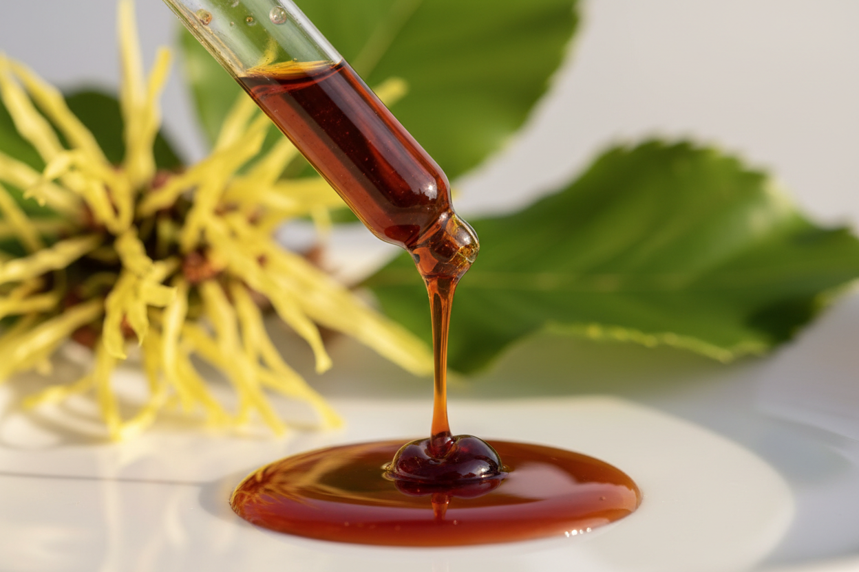 Detalle del líquido ámbar oscuro de hamamelis cayendo del gotero