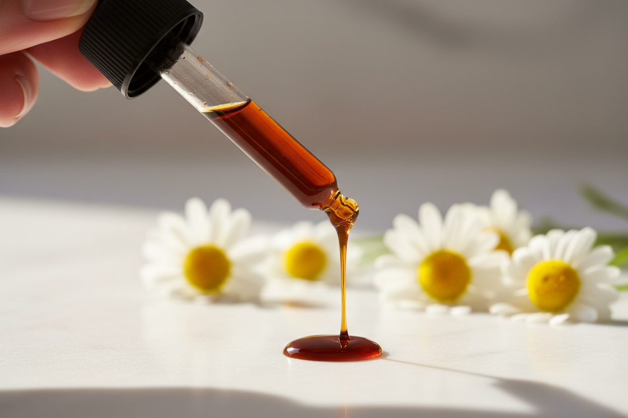 Detalle del líquido ámbar oscuro de manzanilla cayendo del gotero