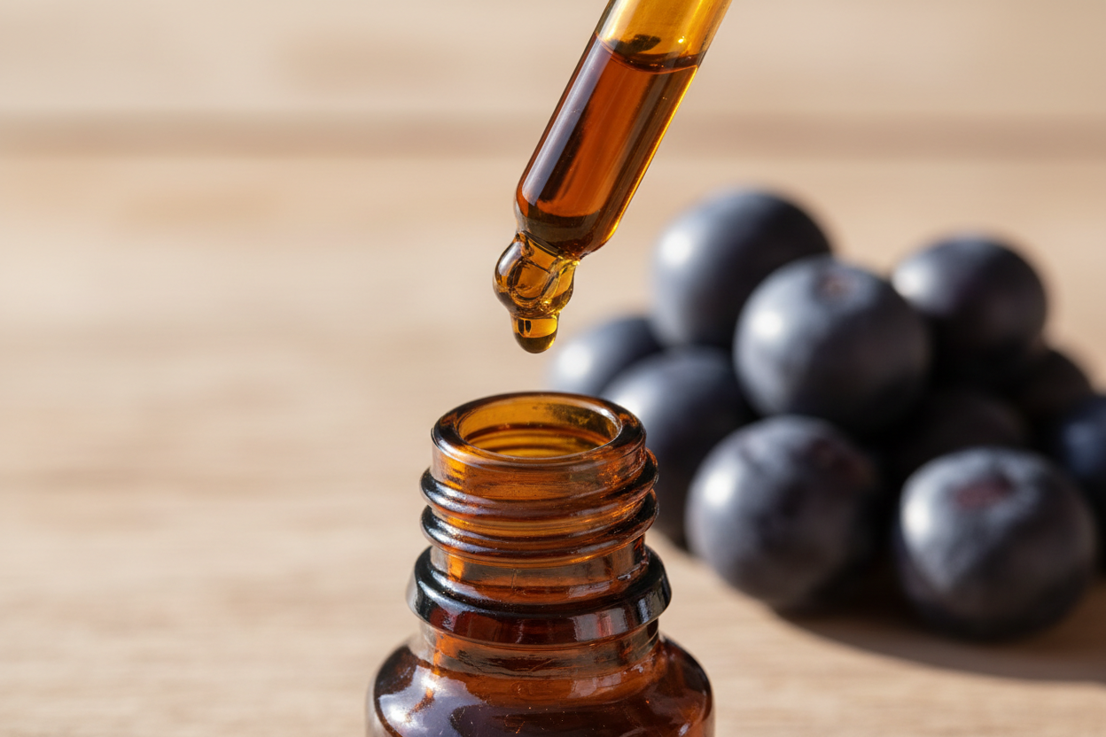 Detalle del líquido ámbar oscuro de maqui berry cayendo del gotero