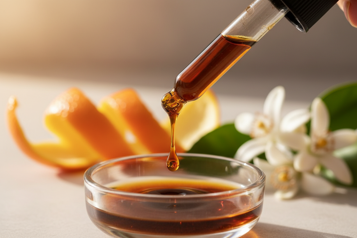 Detalle del líquido ámbar oscuro de naranja amarga cayendo del gotero