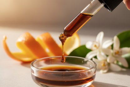 Detalle del líquido ámbar oscuro de naranja amarga cayendo del gotero