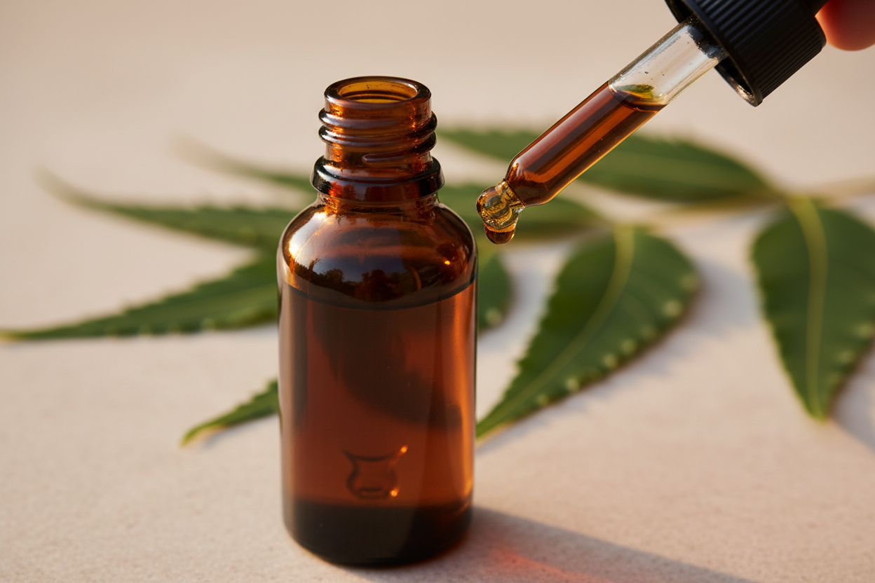 Detalle del líquido ámbar oscuro de neem cayendo del gotero