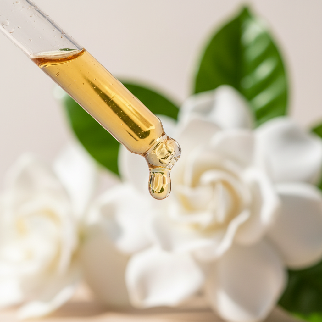 Detalle del líquido ámbar suave de gardenia cayendo