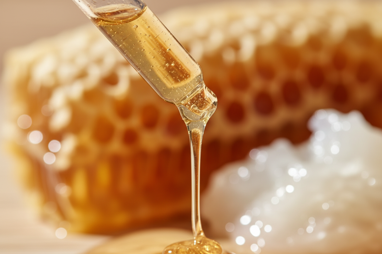 Detalle del líquido ámbar suave de jalea real cayendo del gotero