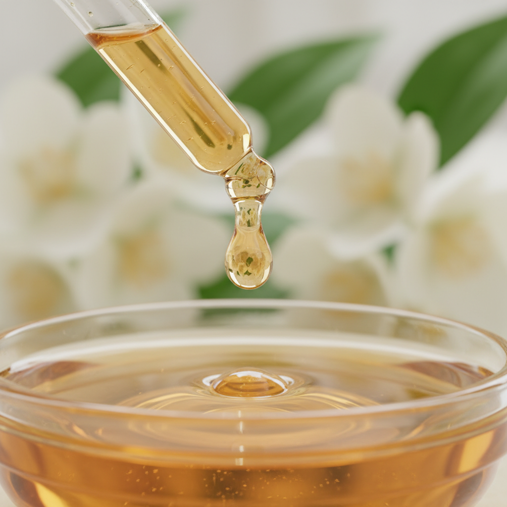 Detalle del líquido ámbar suave de jazmín cayendo