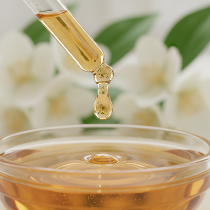Detalle del líquido ámbar suave de jazmín cayendo
