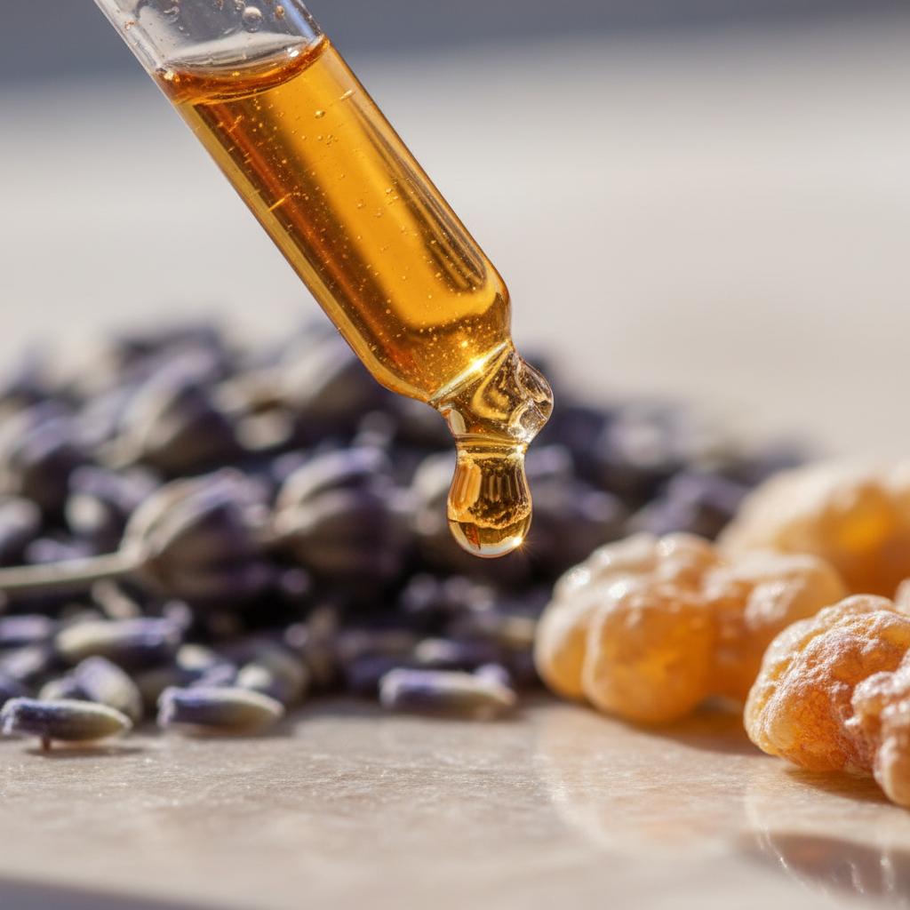 Detalle del líquido ámbar suave de lavanda & mirra cayendo