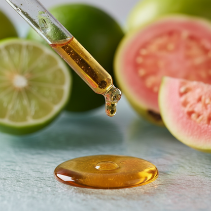 Detalle del líquido ámbar suave de lima guava cayendo