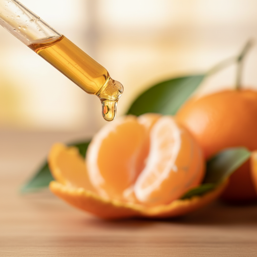 Detalle del líquido ámbar suave de mandarina cayendo